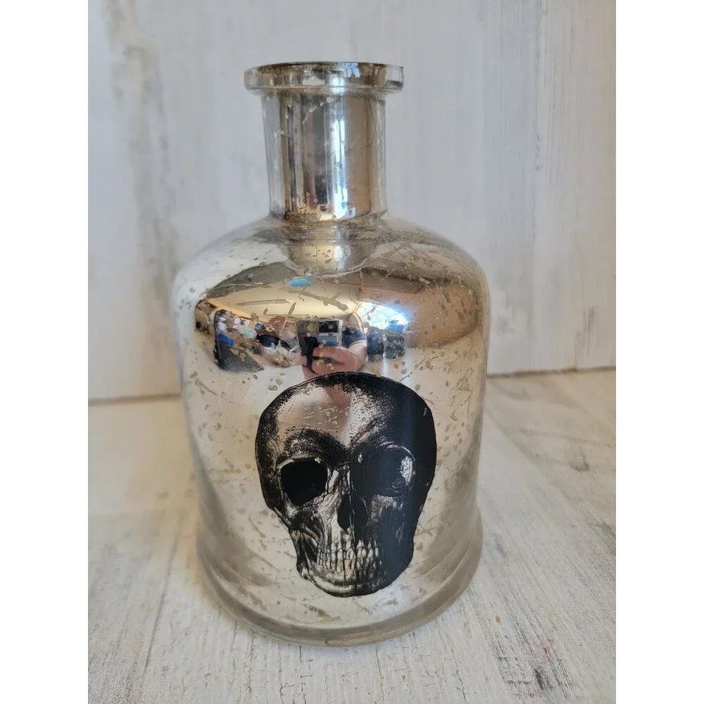 Halloween‎ decorative silver skull poison bottle rustic glass home decor